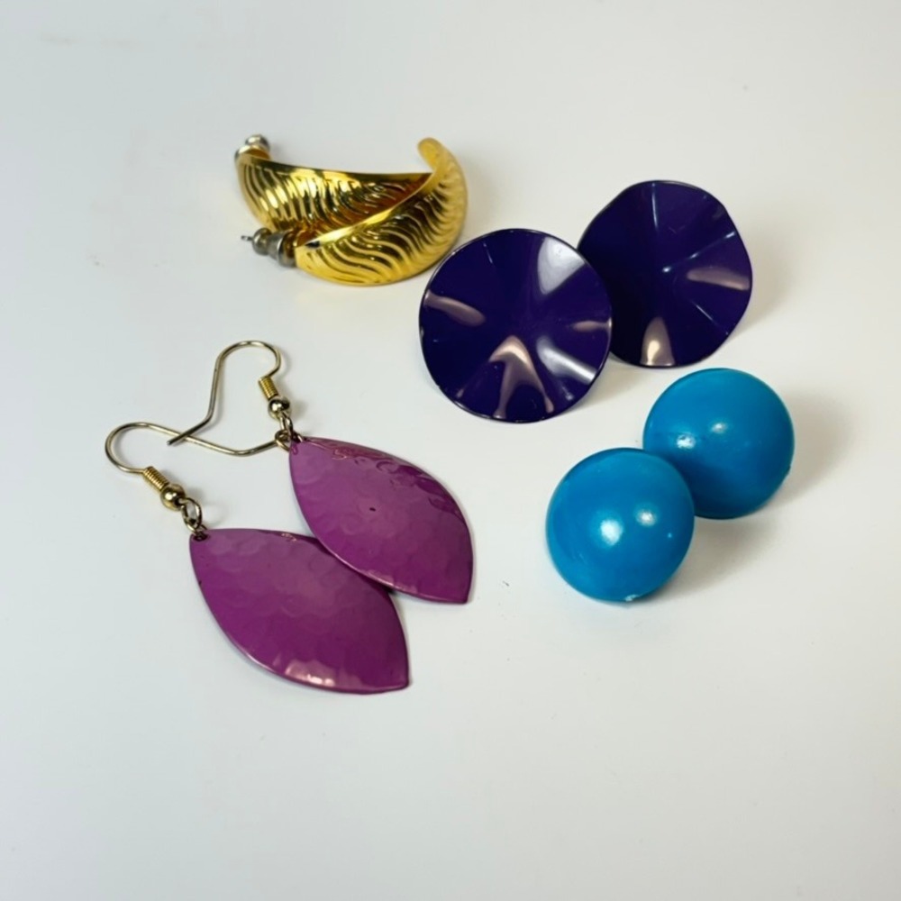 Vintage Mixed Earring Lot Purple Blue Gold Boho Statement Eclectic Jewelry